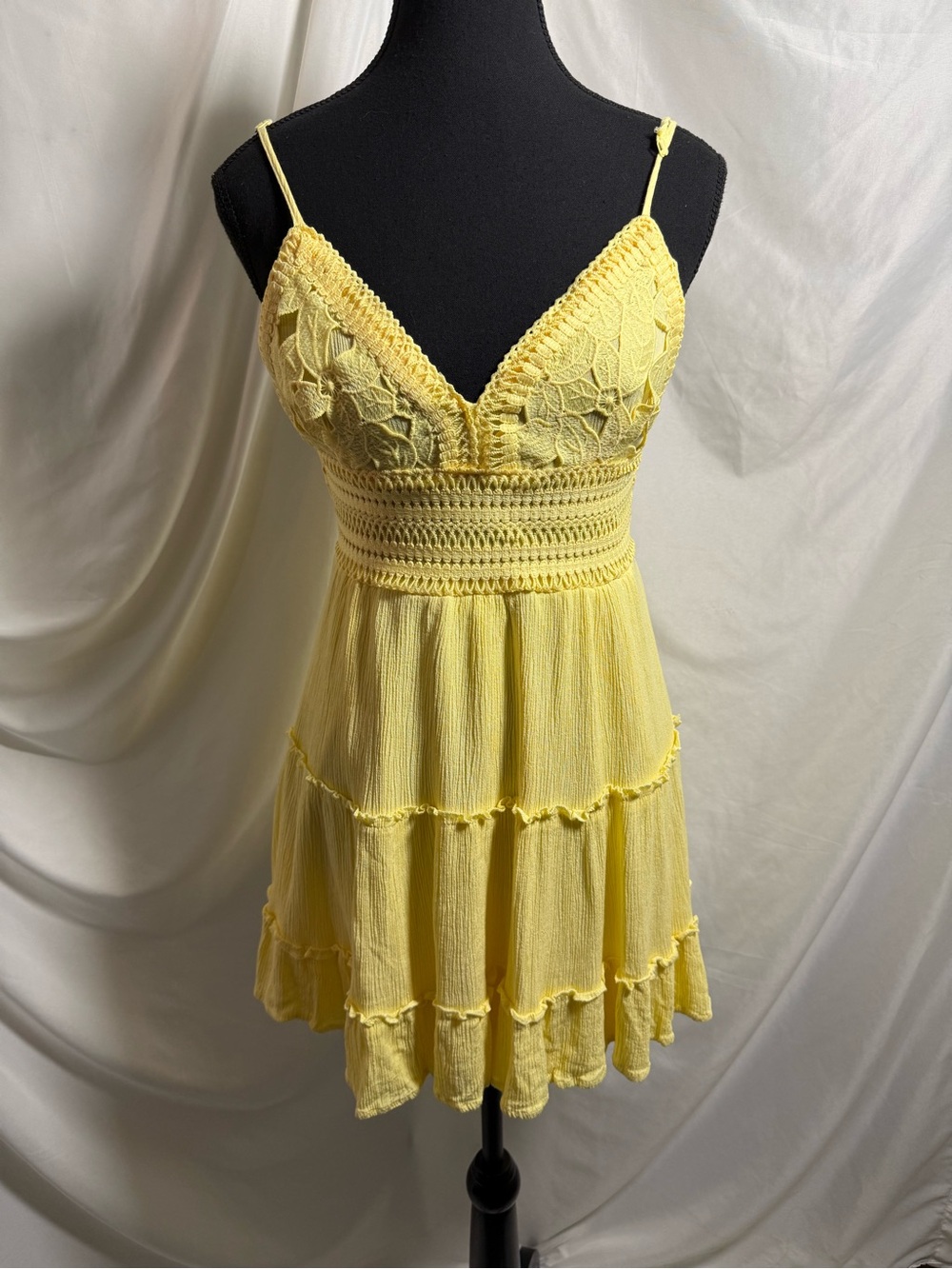 270) Streetwear Society Yellow Lace Tiered Mini Dress | Boho Summer Sundress - Picture 2 of 11